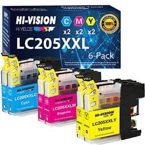 hi-vision hi-yields compatible lc205xl ink cartridges replacement for brother lc-205xl work with mfc-j4320dw j4420dw j4620dw j5520dw, (2x cyan, 2x magenta, 2x yellow, total 6-pack)
