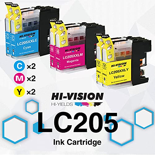 HI-VISION HI-YIELDS Compatible LC205xl Ink Cartridges Replacement for Brother LC-205xl Work with MFC-J4320DW J4420DW J4620DW J5520DW, (2X Cyan, 2X Magenta, 2X Yellow, Total 6-Pack)