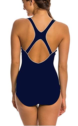 Speedo Women's One Piece Swimsuit,Keyhole Racerback, Moderate Cut Contrast Trim (Peacoat, Large)