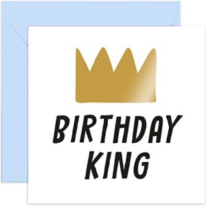 old english co. funny happy birthday card for him – birthday king gold crown for son, dad, brother, nephew, friend | blank inside with envelope