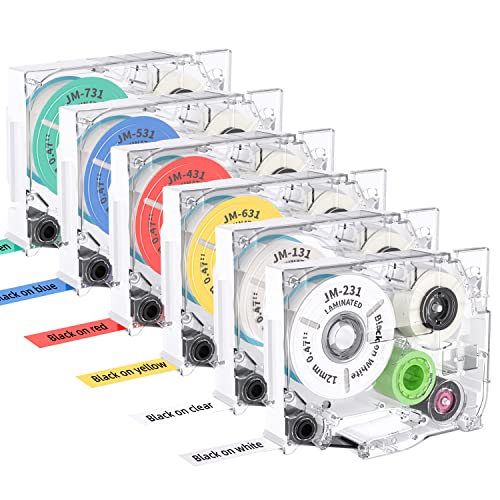 Label KINGDOM Label Tape JM Replacement for Label Maker D210S,E1000 Brother P Touch PT-D210 PT-H110 12mm 0.47 Laminated Black on White/Clear/Green/Yellow/Red/Blue, 6 Pack