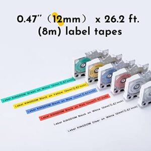 Label KINGDOM Label Tape JM Replacement for Label Maker D210S,E1000 Brother P Touch PT-D210 PT-H110 12mm 0.47 Laminated Black on White/Clear/Green/Yellow/Red/Blue, 6 Pack