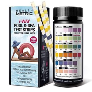 health metric 7-way pool and spa test strips | 100 ct | swimming pool testing strip kit for chlorine bromine alkalinity ph hardness & cyanuric acid | chemical tester strips for water maintenance