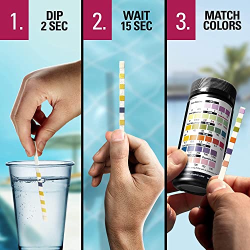 Health Metric 7-Way Pool and Spa Test Strips | 100 ct | Swimming Pool Testing Strip Kit for Chlorine Bromine Alkalinity pH Hardness & Cyanuric Acid | Chemical Tester Strips for Water Maintenance