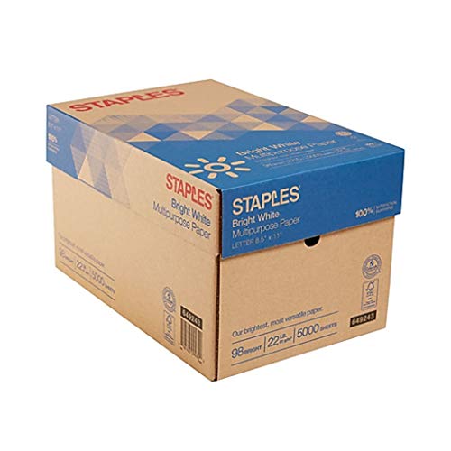 Staples Very Bright White Multipurpose Case Copy/Laser/Inkjet Printer Paper, 98 Brightness, Heavier 22lb. Density, Letter Size (8.5 x 11), 5000 Sheets Carton (649243)