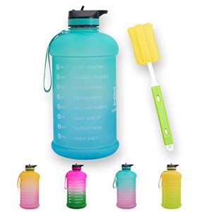 ez-fit 1 gallon & half gallon bottles with straw time marker & motivational water bottle with cleaning brush leakproof reusable gym sports outdoor (1 gallon/128oz, aquamarine/deep skyblue gradient)