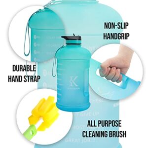 ez-FiT 1 Gallon & Half Gallon Bottles with Straw Time Marker & Motivational Water Bottle with Cleaning Brush Leakproof Reusable Gym Sports Outdoor (1 Gallon/128oz, Aquamarine/Deep SkyBlue Gradient)