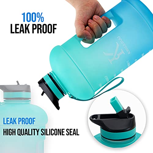 ez-FiT 1 Gallon & Half Gallon Bottles with Straw Time Marker & Motivational Water Bottle with Cleaning Brush Leakproof Reusable Gym Sports Outdoor (1 Gallon/128oz, Aquamarine/Deep SkyBlue Gradient)