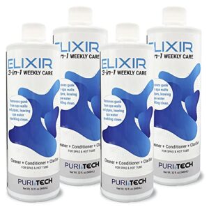 puri tech spa elixir 3-in-1 weekly care 4 pack cleaner conditioner clarifier removes gunk from walls and pipes in spas and hot tubs 32oz
