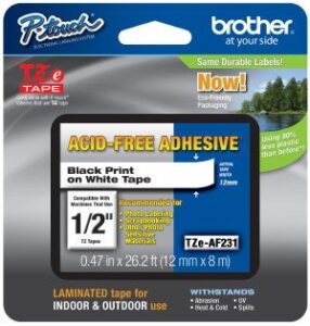 2/pack genuine brother 1/2″ (12mm) black on white acid free adhesive tze p-touch tape for brother pt-300, pt300 label maker