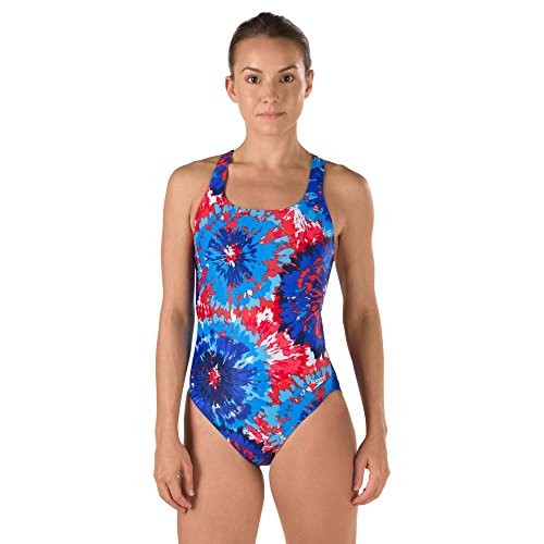 Speedo 7719639 Womens Burst Drop Back Powerflex Eco One Piece Swimsuit, Navy/Red/White (410 - 395) - 26