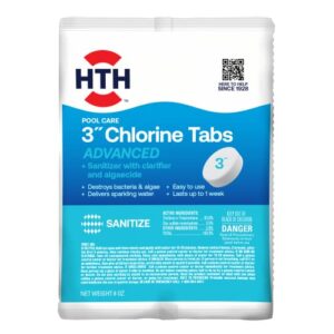 hth pool care 3″ chlorine tabs advanced, swimming pool chlorinating sanitizer & algaecide, kills algae and bacteria, 8 oz