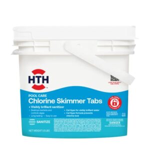 hth pool care chlorine skimmer tabs, swimming pool chlorinating visibly brilliant sanitizer, controls bacteria and algae, 5.5 lbs.