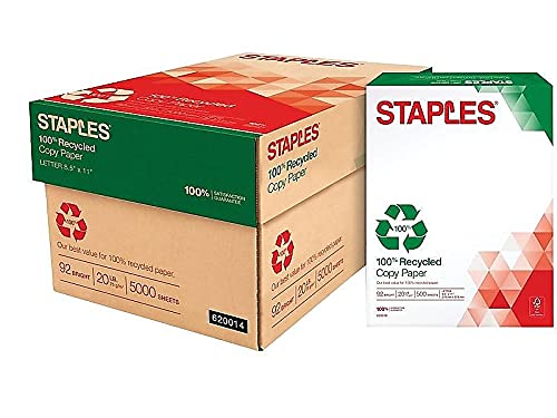 Staples 620014 100% Recycled 8.5-Inch X 11-Inch Copy Paper 20 Lbs 92B 500/Rm 10 Rm/Ct