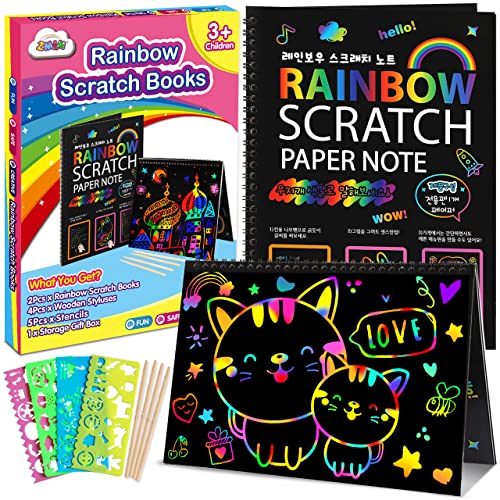 ZMLM Scratch Paper Art-Crafts Gift: 2 Pack Bulk Rainbow Magic Paper Supplies Toys for 3 4 5 6 7 8 9 10 Years Old Girls Kids Favors Gifts for Birthday Halloween Christmas Party Games Projects Kits