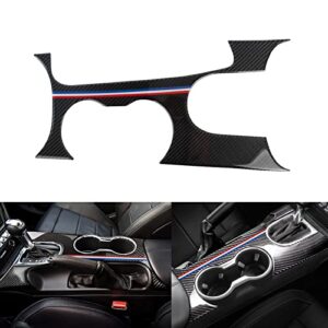 xotic tech center console gear water cup panel cover trim, genuine soft carbon fiber with 3 color strips, compatible with ford mustang 2015-up