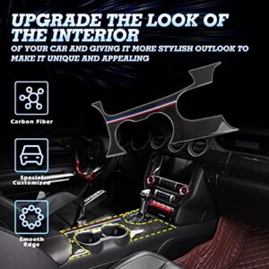 Xotic Tech Center Console Gear Water Cup Panel Cover Trim, Genuine Soft Carbon Fiber with 3 Color Strips, Compatible with Ford Mustang 2015-up