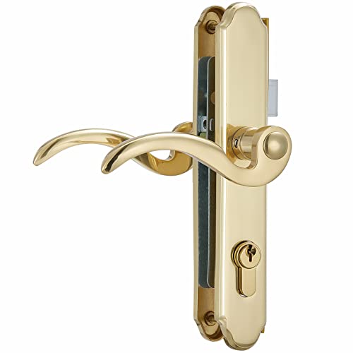 HTH HTHomeprod Solid Brass Lever Handle Set for Screen / Storm Door, Double Cylinder Mortise Lock Added Security, Fit for 1 in. Or 1.38 in. Thickness Door, Polished Brass