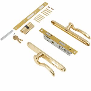 HTH HTHomeprod Solid Brass Lever Handle Set for Screen / Storm Door, Double Cylinder Mortise Lock Added Security, Fit for 1 in. Or 1.38 in. Thickness Door, Polished Brass