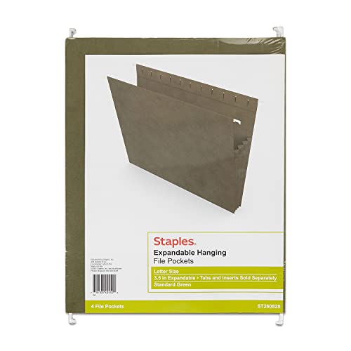 Staples 260828 Hanging File Folders 3-1/2-Inch Expansion LTR Gn 4/Pk