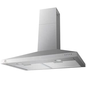 hth 30 inch wall mount range hood in stainless steel, ducted chimney-style kitchen vent, 500 cfm, 3 speed exhaust fan, push button, led lights, mesh filters, fit 8 to 8.5 ft ceiling