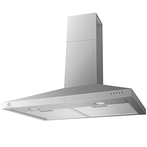 HTH 30 Inch Wall Mount Range Hood in Stainless Steel, Ducted Chimney-Style Kitchen Vent, 500 CFM, 3 Speed Exhaust Fan, Push Button, LED Lights, Mesh Filters, Fit 8 to 8.5 ft Ceiling