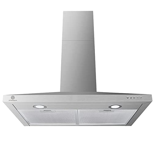 HTH 30 Inch Wall Mount Range Hood in Stainless Steel, Ducted Chimney-Style Kitchen Vent, 500 CFM, 3 Speed Exhaust Fan, Push Button, LED Lights, Mesh Filters, Fit 8 to 8.5 ft Ceiling