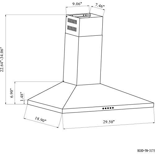 HTH 30 Inch Wall Mount Range Hood in Stainless Steel, Ducted Chimney-Style Kitchen Vent, 500 CFM, 3 Speed Exhaust Fan, Push Button, LED Lights, Mesh Filters, Fit 8 to 8.5 ft Ceiling