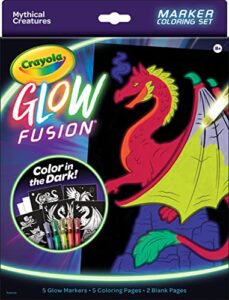 crayola glow fusion, glow in the dark coloring set with markers, mythical creature coloring pages, gift for kids