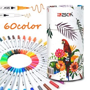 zscm duo tip brush markers, 60 colors adult coloring books drawing colored pens fine point water based markers, for kids school supplies note taking bullet journal sketching
