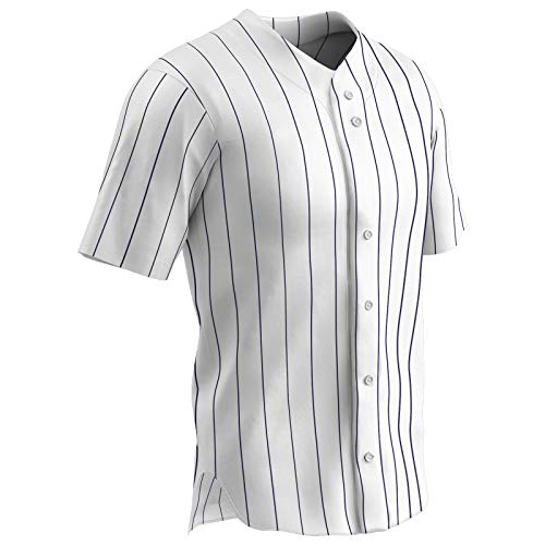 CHAMPRO Unisex-Youth Ace Button Front Pinstripe Baseball Jersey, White, Navy PIN, Medium