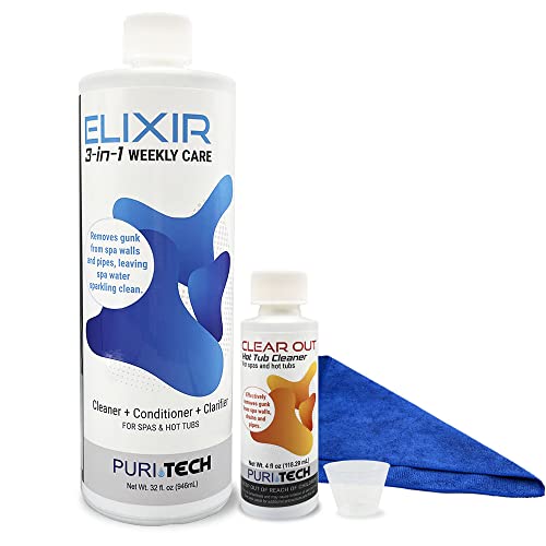 Puri Tech Spa 4 Month Care Kit Includes Elixir 3-in-1 Weekly Care 32 oz Plus Clear Out Hot Tub Cleaner 4 oz Removes Gunk from Walls Drains and Pipes in Spas and Hot Tubs