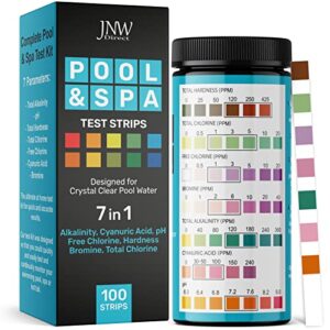 pool test strips, 7in1 quick & accurate pool and spa test strips, pool water test kit – 100 bromine, ph, hardness, alkalinity, chlorine pool water tests, spa and hot tub test strips with e-book – jnw