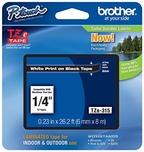 Genuine Brother 1/4" (6mm) White on Black TZe P-Touch Tape for Brother PT-1800, PT1800 Label Maker