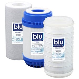 blu tech r3 and trio water filter recharge pack, 2.5” x 5” for rv water filter system, 0.2 micron high flow filter, granular activated carbon “tasty”, and sediment “longevity” by blu technology