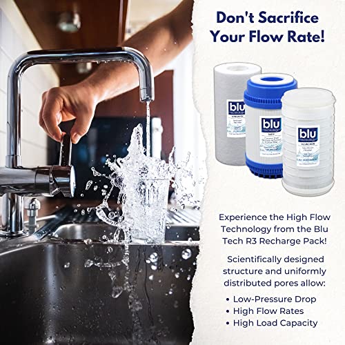 Blu Tech R3 and TRIO Water Filter Recharge Pack, 2.5” x 5” for RV Water Filter System, 0.2 Micron High Flow Filter, Granular Activated Carbon “Tasty”, and Sediment “Longevity” by Blu Technology