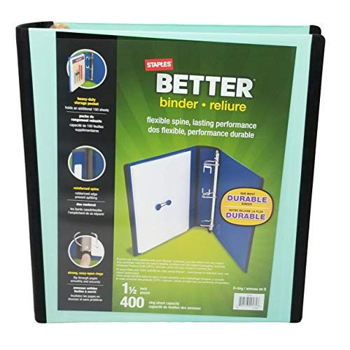 Staples (TM) Better Binder, 1.5 Inch, 400 Sheet Capacity, 3 D-Rings, Light Green