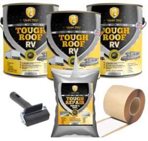tough tech coatings tough roof rv coating kit – permanent rv roof waterproofing kit – for rvs, & trailers roofs up to 25 ft long – no primer required – 87% solar reflective – 3.5 gal white