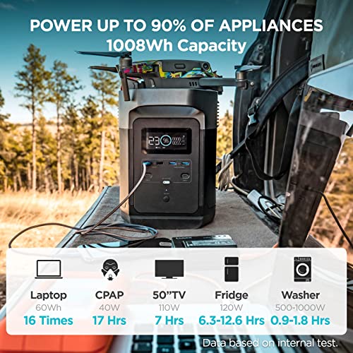 EF ECOFLOW Portable Power Station Delta 1000, 1008Wh Solar Generator with 6 x 1600W(3100W Surge) AC Outlets, Solar Battery Station Made for Emergency, Home Backup, Outdoor Camping RV/Van