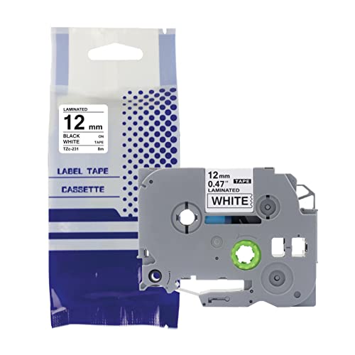 12mm 0.47 Laminated Black on White Label Tape Replacement for TZC231, Label Maker Tape for TZe 131, TZe 231, TZe 431, TZe 531, TZe 631, TZe 731(1Pcs)