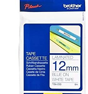 Brother Genuine P-Touch 4-Pack TZe-233 Laminated Tape, Blue Print on White Standard Adhesive Laminated Tape for P-Touch Label Makers, Each Roll is 0.47"/12mm (1/2") Wide, 26.2 (8M) Long