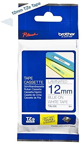 Brother Genuine P-Touch 4-Pack TZe-233 Laminated Tape, Blue Print on White Standard Adhesive Laminated Tape for P-Touch Label Makers, Each Roll is 0.47"/12mm (1/2") Wide, 26.2 (8M) Long