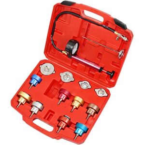 jifetor radiator pressure leakage tester tool kit, 14pcs automotive cooling system water tank leak test detector set with aluminum hand pump and adapters