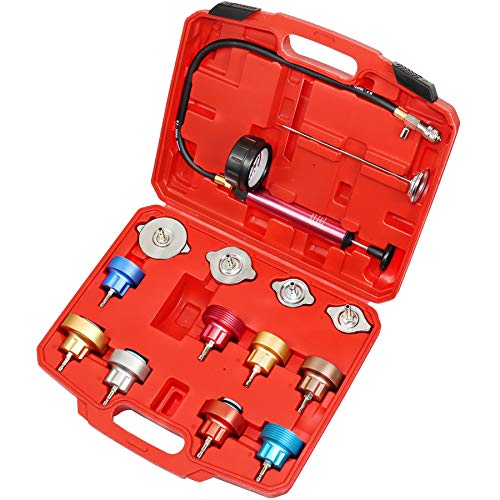 JIFETOR Radiator Pressure Leakage Tester Tool Kit, 14PCS Automotive Cooling System Water Tank Leak Test Detector Set with Aluminum Hand Pump and Adapters