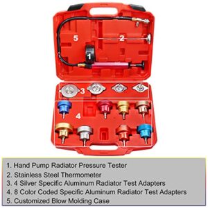 JIFETOR Radiator Pressure Leakage Tester Tool Kit, 14PCS Automotive Cooling System Water Tank Leak Test Detector Set with Aluminum Hand Pump and Adapters