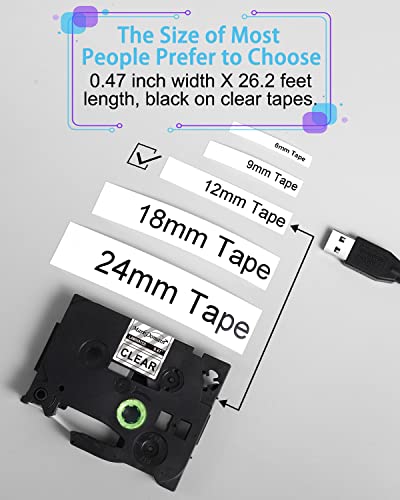 MarkDomain Compatible Label Tape Replacement for Brother TZe-131 TZe-221 Laminated P Touch Label Maker Tape, Black on White/Clear, 12mm x 8m & 9mm x 8m (4+3 Pack)