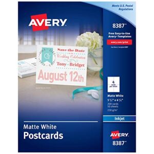 Avery Printable Postcards for Inkjet Printers, 4.25" x 5.5", 200 Blank Cards -- Great for Recipe Cards and Flashcards (8387)