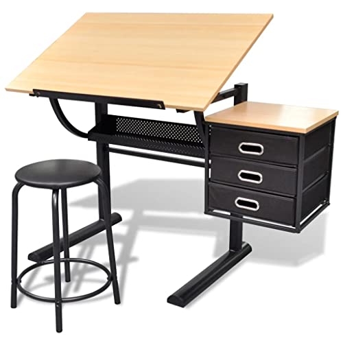 vidaXL Adjustable Drawing Table with Stool 3 Drawers Tiltable Iron Drafting Table Drawing Work Station Art Craft Student Office Desk