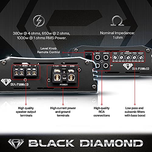 Black Diamond DIA-P1000X1D Car Audio Amplifier Class D 1-Channel Monoblock Amp 1000 Watts Rms Remote Level Control Included