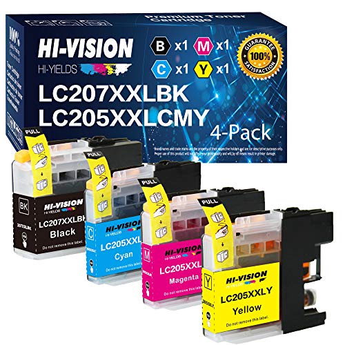 HI-Vision Compatible LC205 LC207 XXL Super High Yield Black,Cyan,Yellow,Magenta Ink cartridges Replacement for MFCJ4320DW,J4420DW,J4620DW Color Printer LC207BK,LC205C,LC205Y,LC205M 4pks